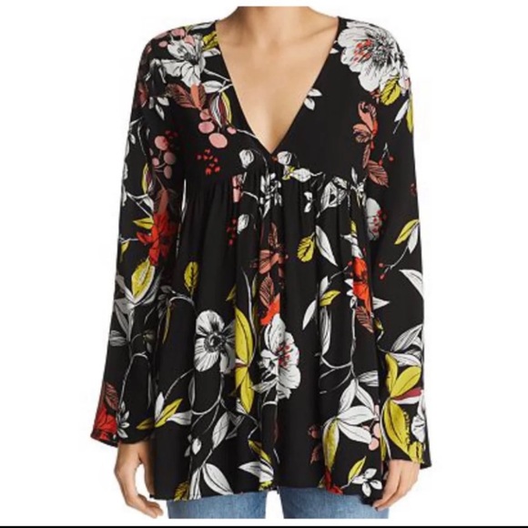 Free People Bella Black Floral Bell Sleeve Tunic - Picture 1 of 5
